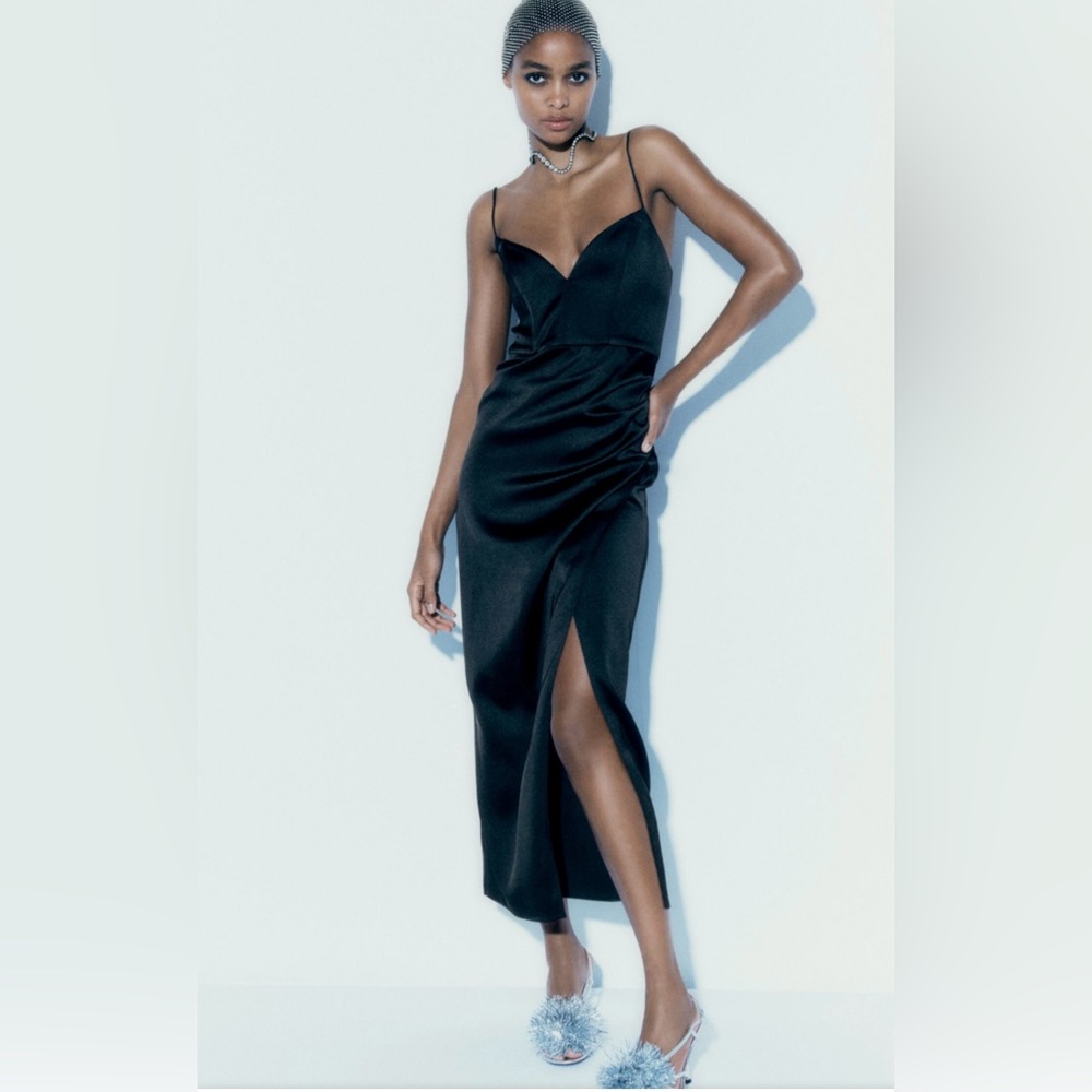 ZARA COCKTAIL SATIN EFFECT MIDI DRESS ON BLACK